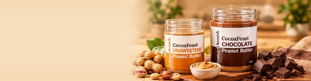 CocoaFeast Unsweetened and Chocolate Peanut Butter jars with peanuts and chocolate