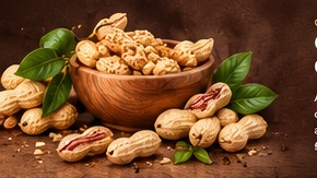 Wooden bowl of roasted peanuts with green leaves